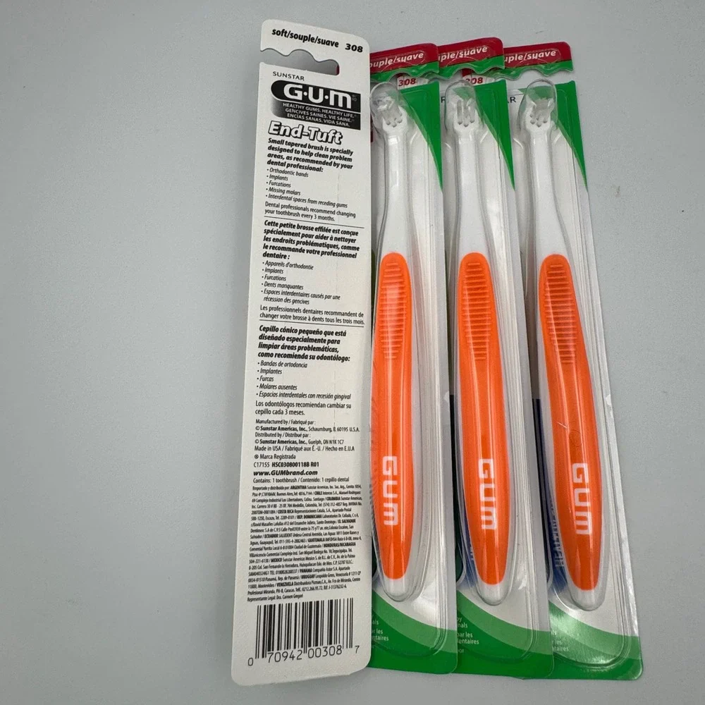 GUM End-Tuft Toothbrush Orange 4‎ Pack Soft Bristle 308 NEW